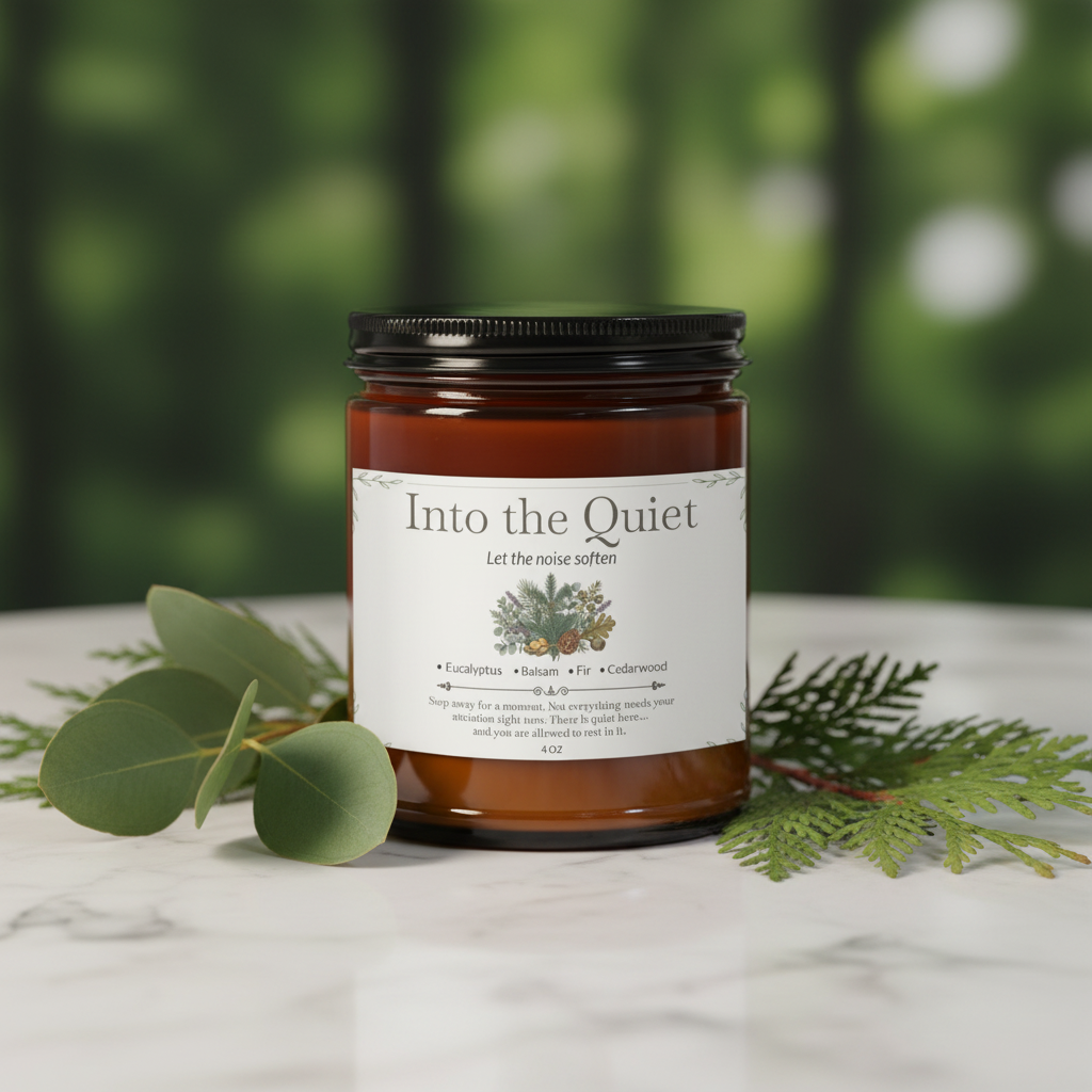 Into the Quiet Premium Handcrafted Soy Candle Travel Size | Eucalyptus, Balsam, Fir & Cedarwood | 4 oz
