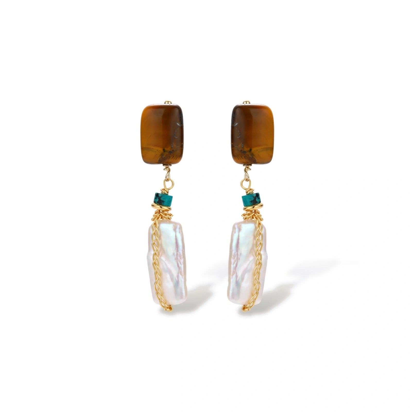 Gold-plated drop earrings with amber stones, teal beads, and wire-wrapped baroque pearls on cream background.