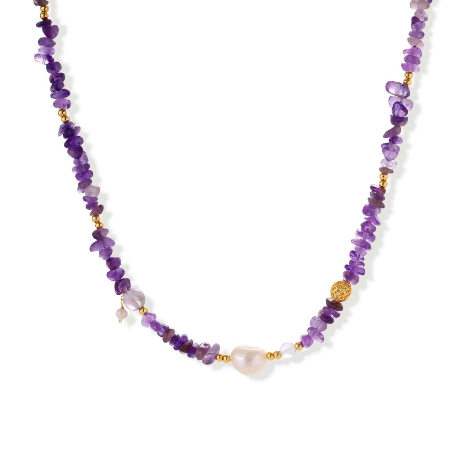 Beaded necklace with purple amethyst chips, freshwater pearls, and gold accents on white background.