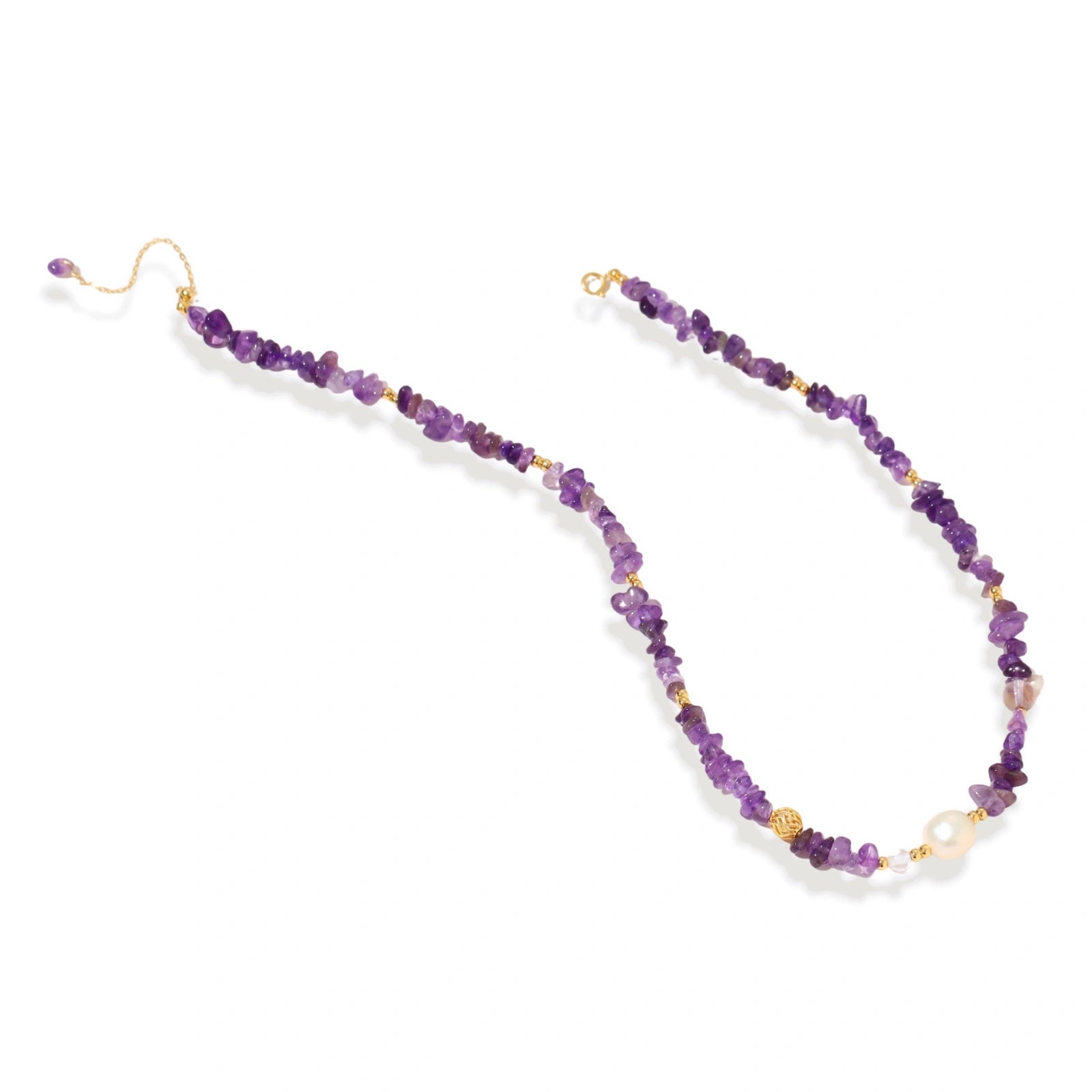 Beaded necklace with purple amethyst chips, freshwater pearls, and gold accents on white background.