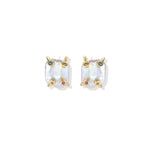 Baroque pearl studs in gold-plated prong setting with four multicolor gemstones on each corner, front and side view