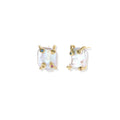 Baroque pearl studs in gold-plated prong setting with four multicolor gemstones on each corner, front and side view