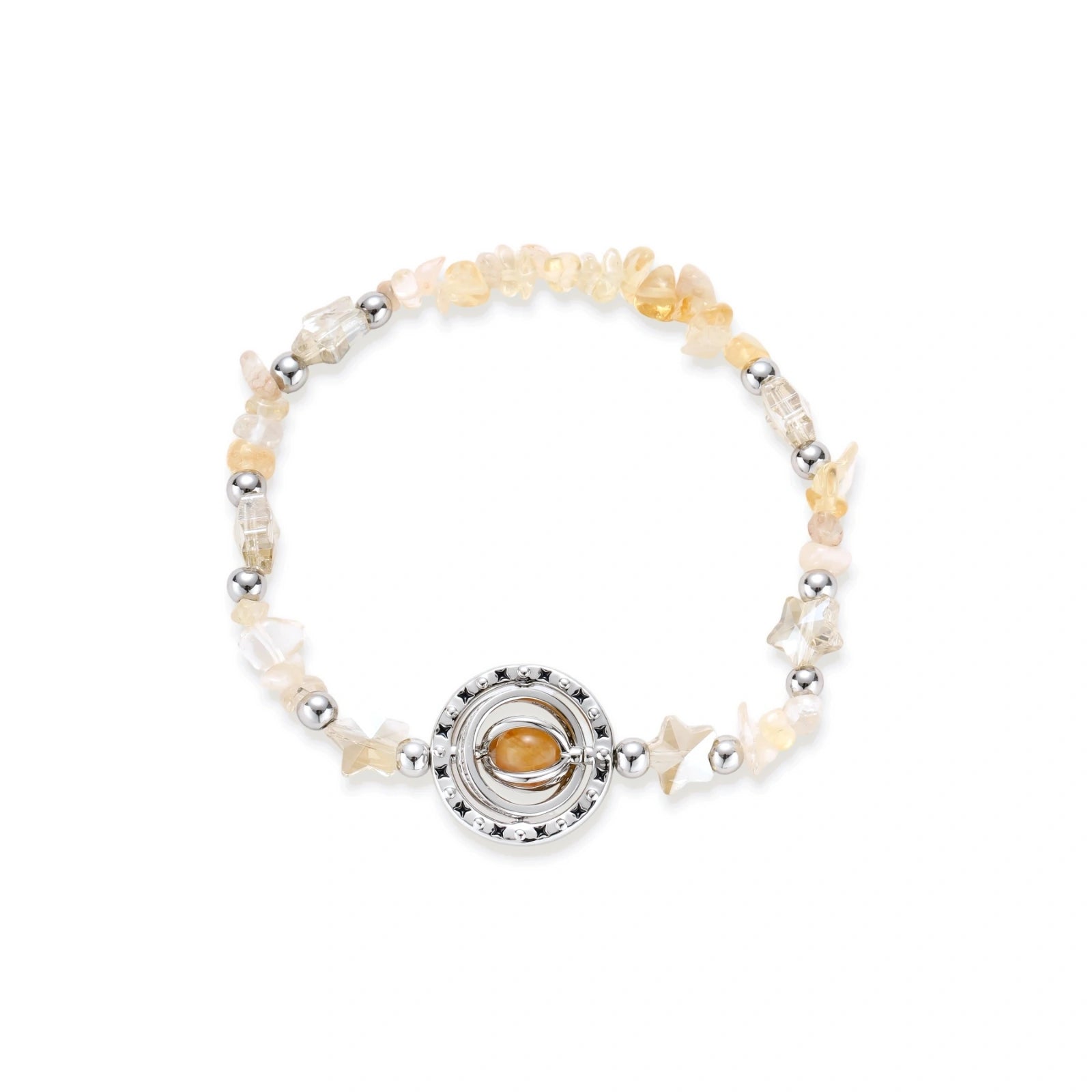 Stretchable bracelet with cream citrine stone chips, brass beads, and central amber zirconia pendant on neutral background.