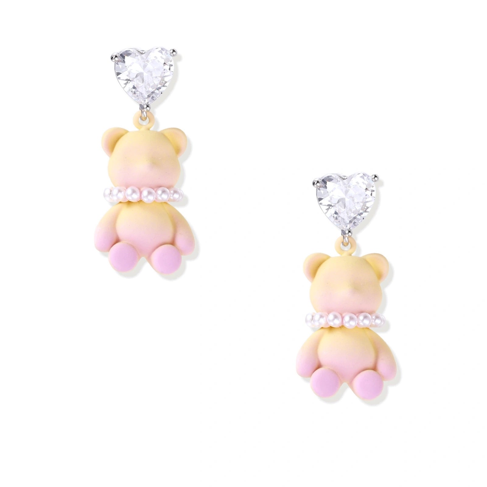 Pastel gradient teddy bear drop earrings with clear heart studs and pearl details on white background.