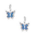 Silver hoop earrings with blue denim butterfly charms outlined in barbed wire design and central zirconia stone