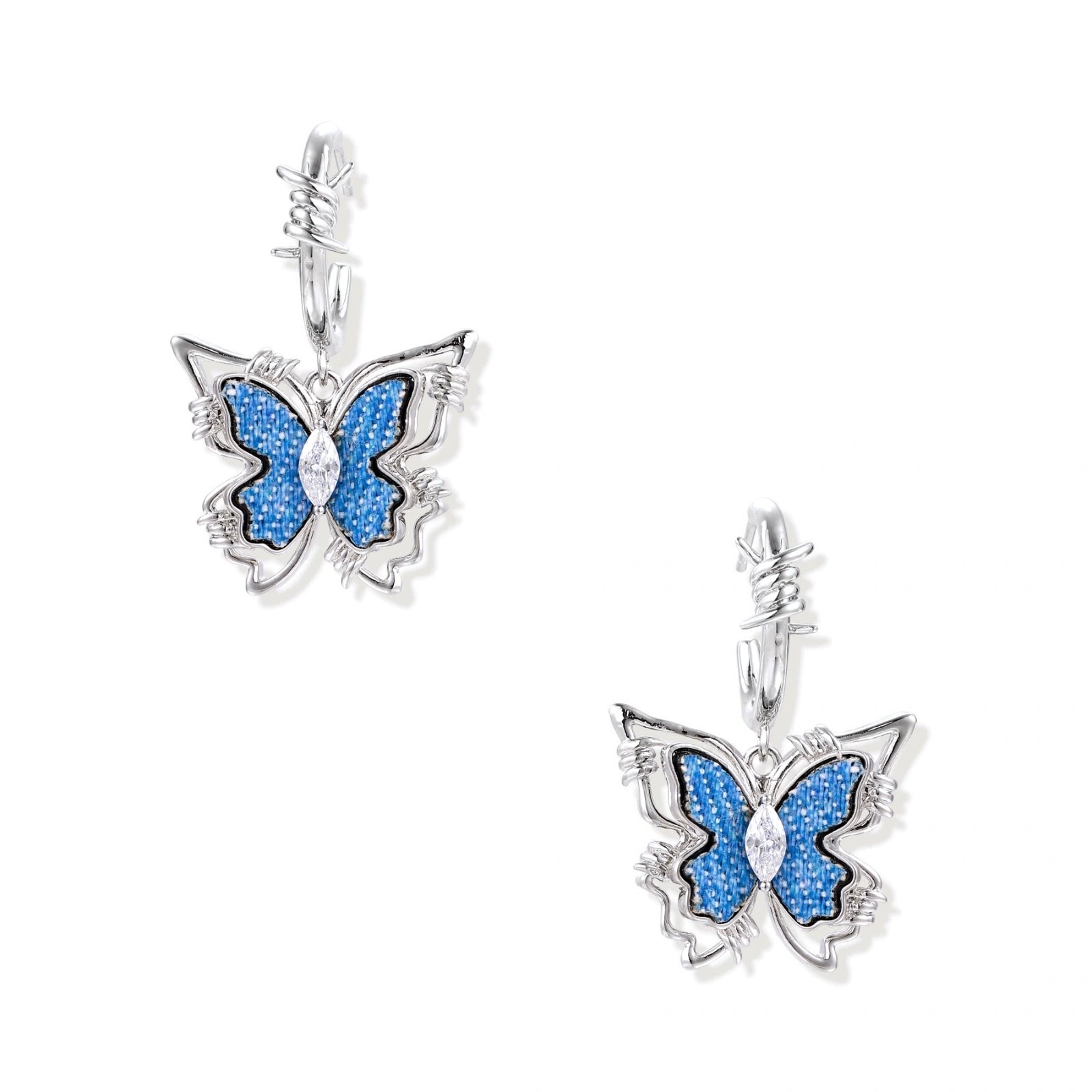 Silver hoop earrings with blue denim butterfly charms outlined in barbed wire design and central zirconia stone
