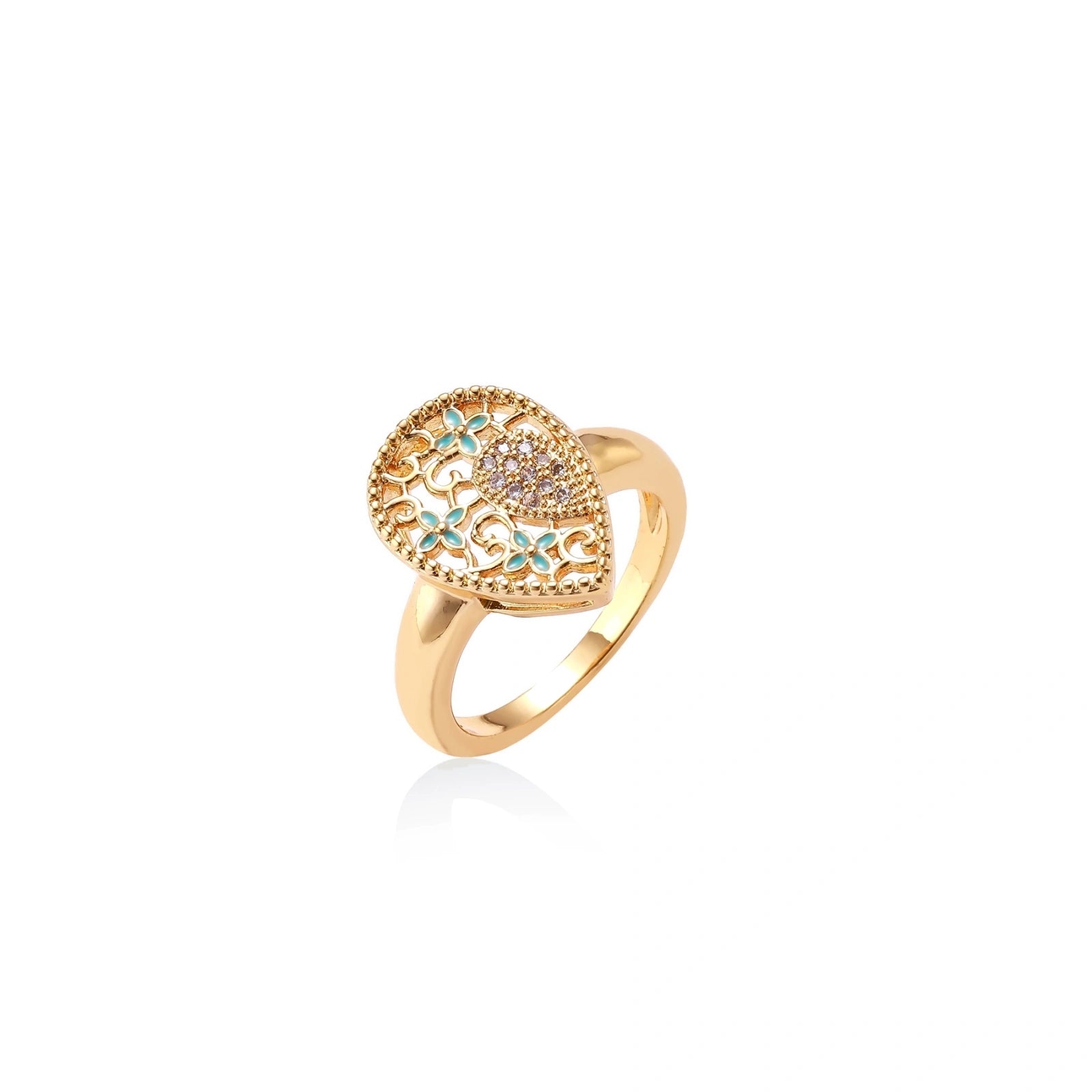 Teardrop-shaped gold-plated ring with turquoise enamel flowers and crystal pavé detail on cream background