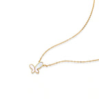 Gold-plated butterfly pendant with iridescent mother of pearl inlay on delicate chain against cream background.