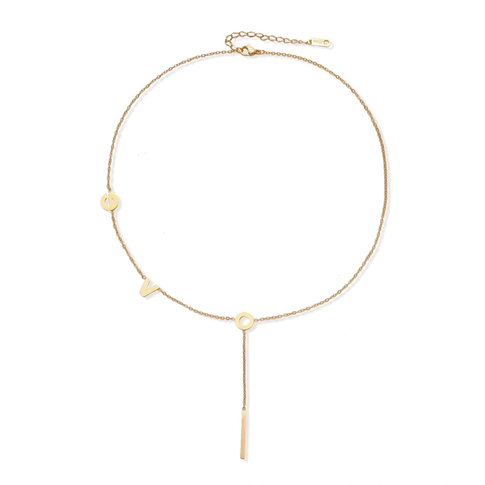 Gold Y-shaped necklace with L-O-V-E letter charms and vertical bar pendant on delicate chain against cream background