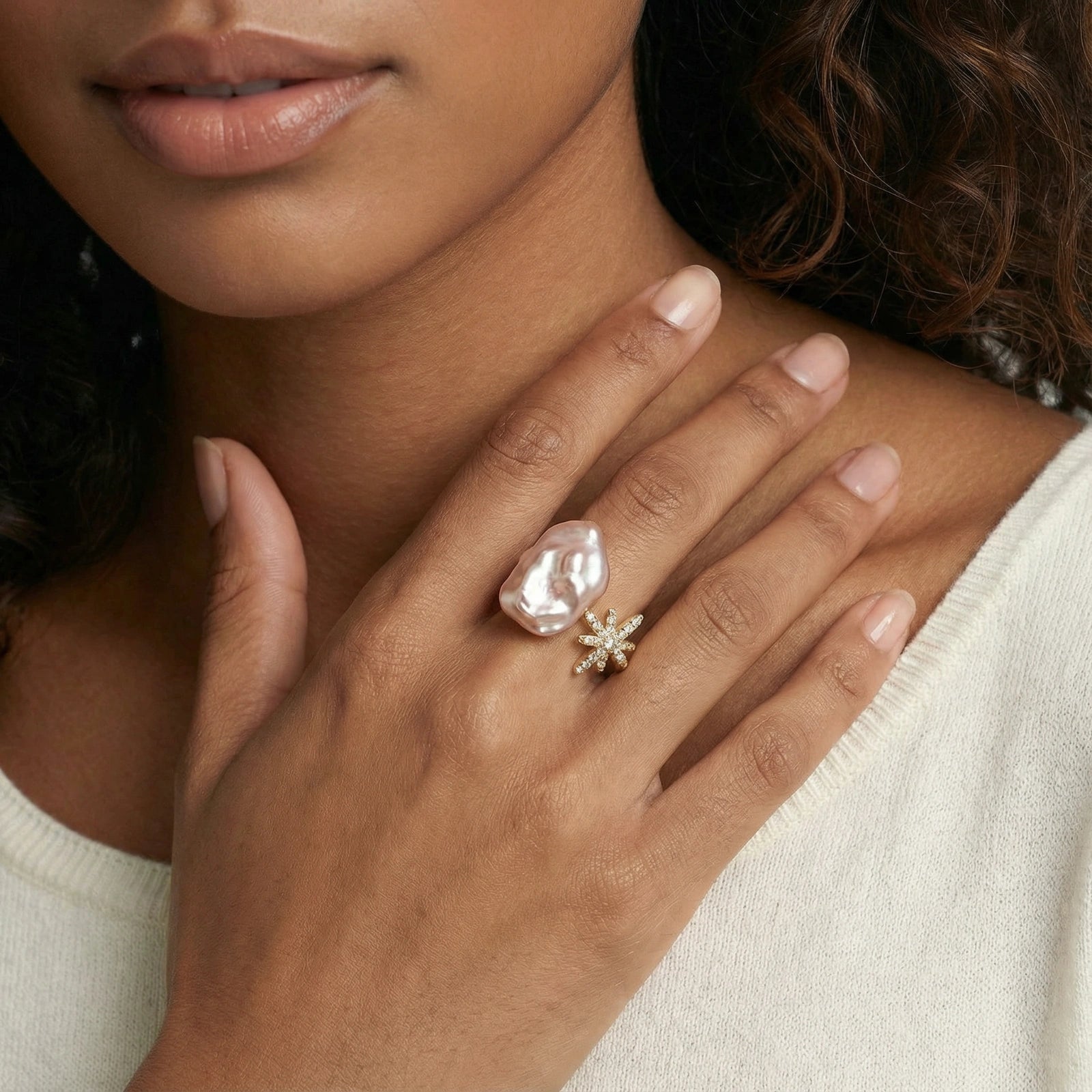 Guided by Light Ring | Baroque Pearl & North Star Ring | 14K Gold Plated Eco-Brass