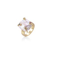 Gold ring with large iridescent baroque pearl and four colored gemstones on textured band