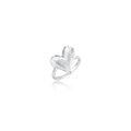Silver ring with 3D heart formed by textured feather-like elements, white gold plated eco-brass on neutral background.