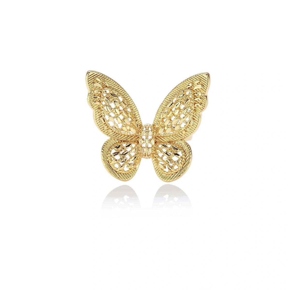 Intricate gold-plated butterfly ring with filigree cutout wings and adjustable band on white background.