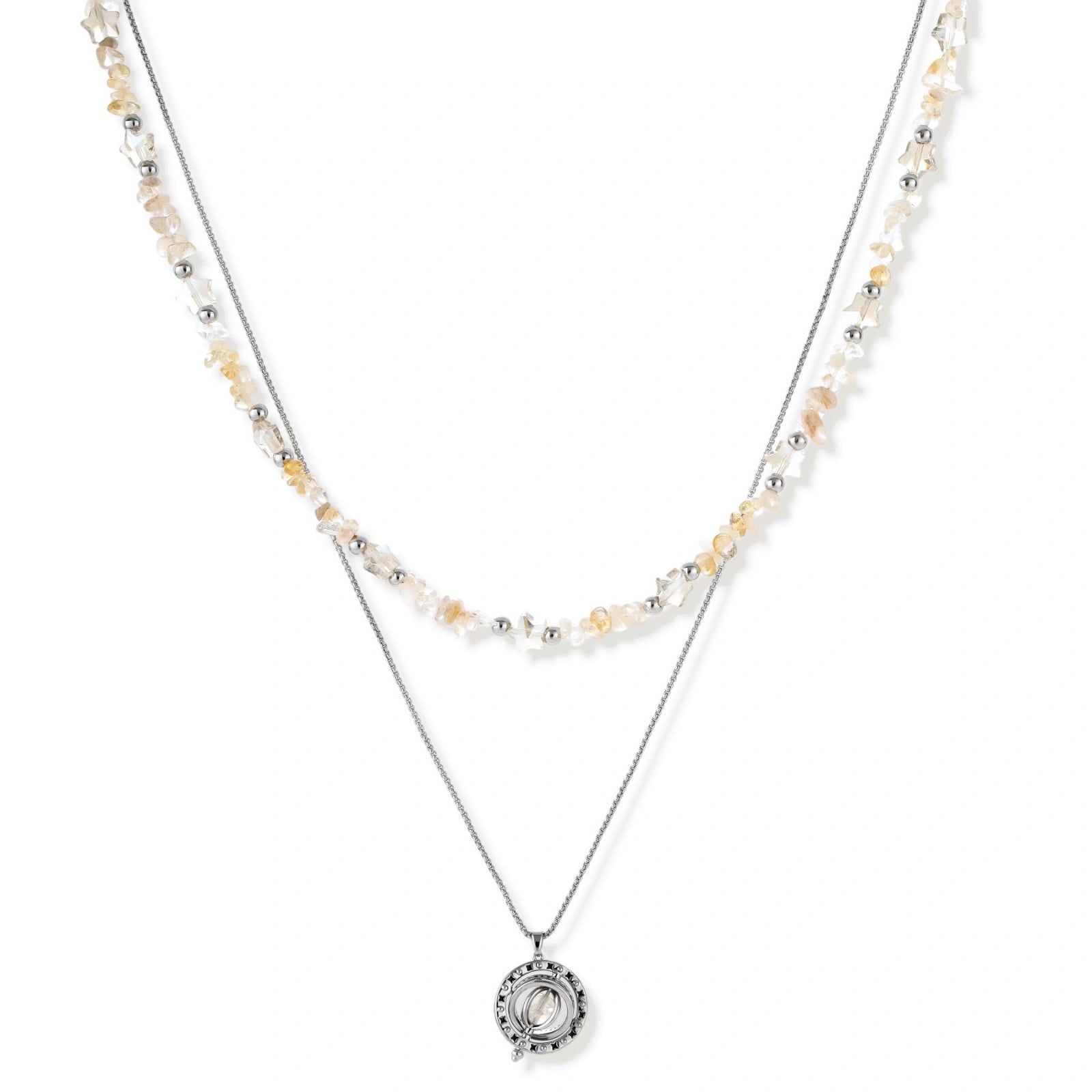 Complete jewelry set featuring citrine stone chips, silver beads, and cosmic circle pendants on cream background.