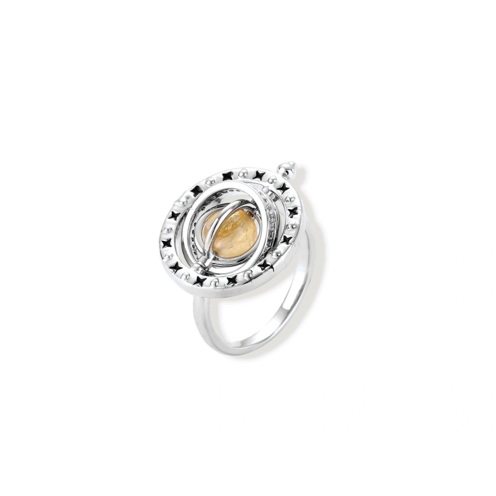 Complete jewelry set featuring citrine stone chips, silver beads, and cosmic circle pendants on cream background.