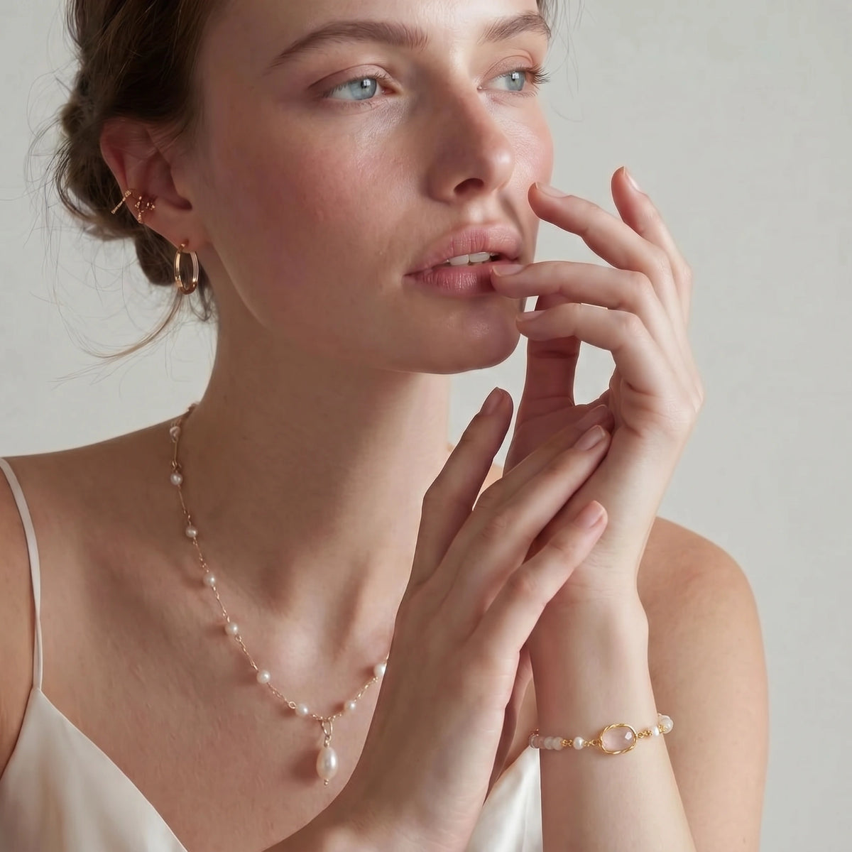 Rose Quartz Embrace Bracelet | Rose Quartz & Freshwater Pearl Bracelet | 18K Gold Plated Eco-Brass