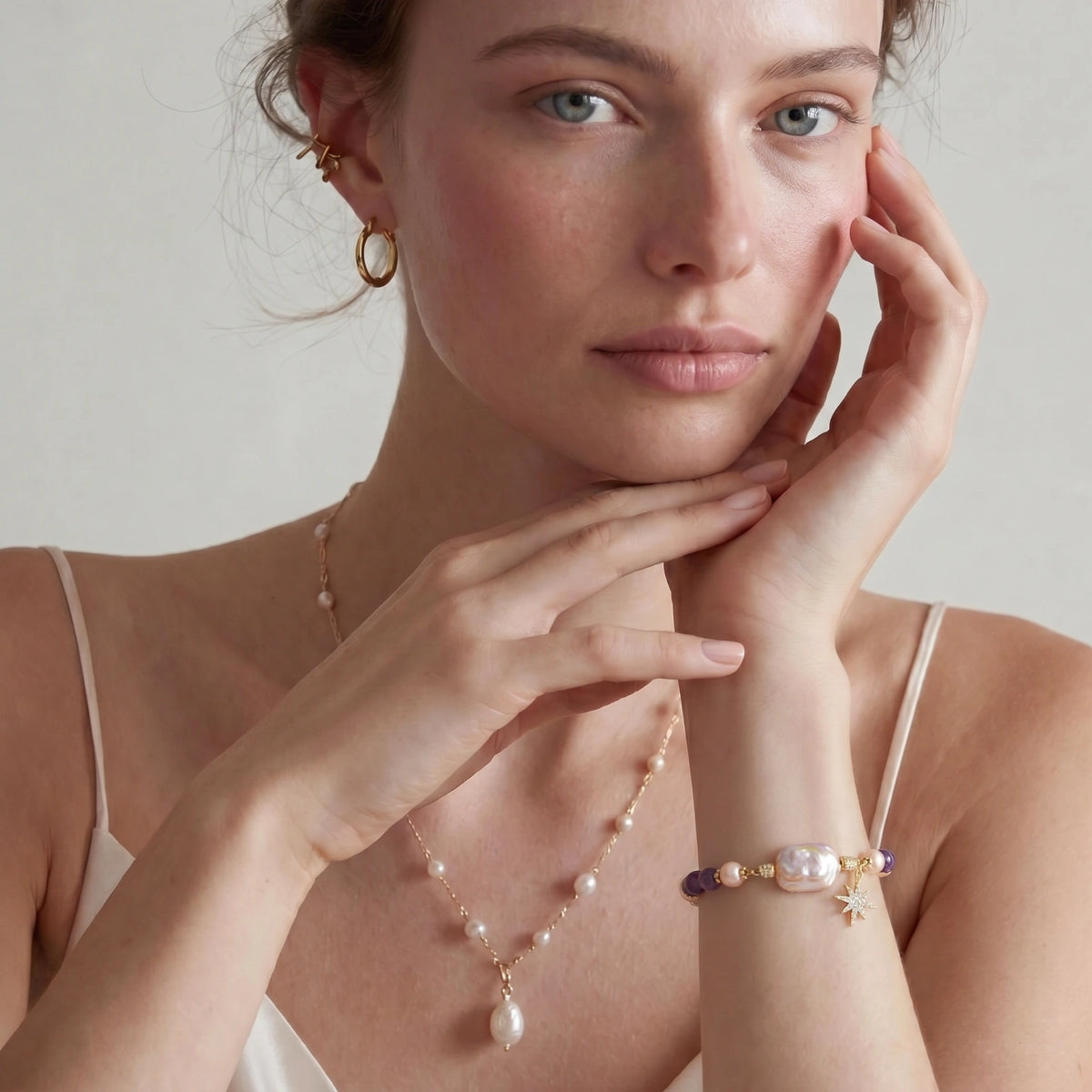 Guided by Light Bracelet | Amethyst, Baroque Pearl & Freshwater Pearl Bracelet | 18K Gold-Plated Eco-Brass