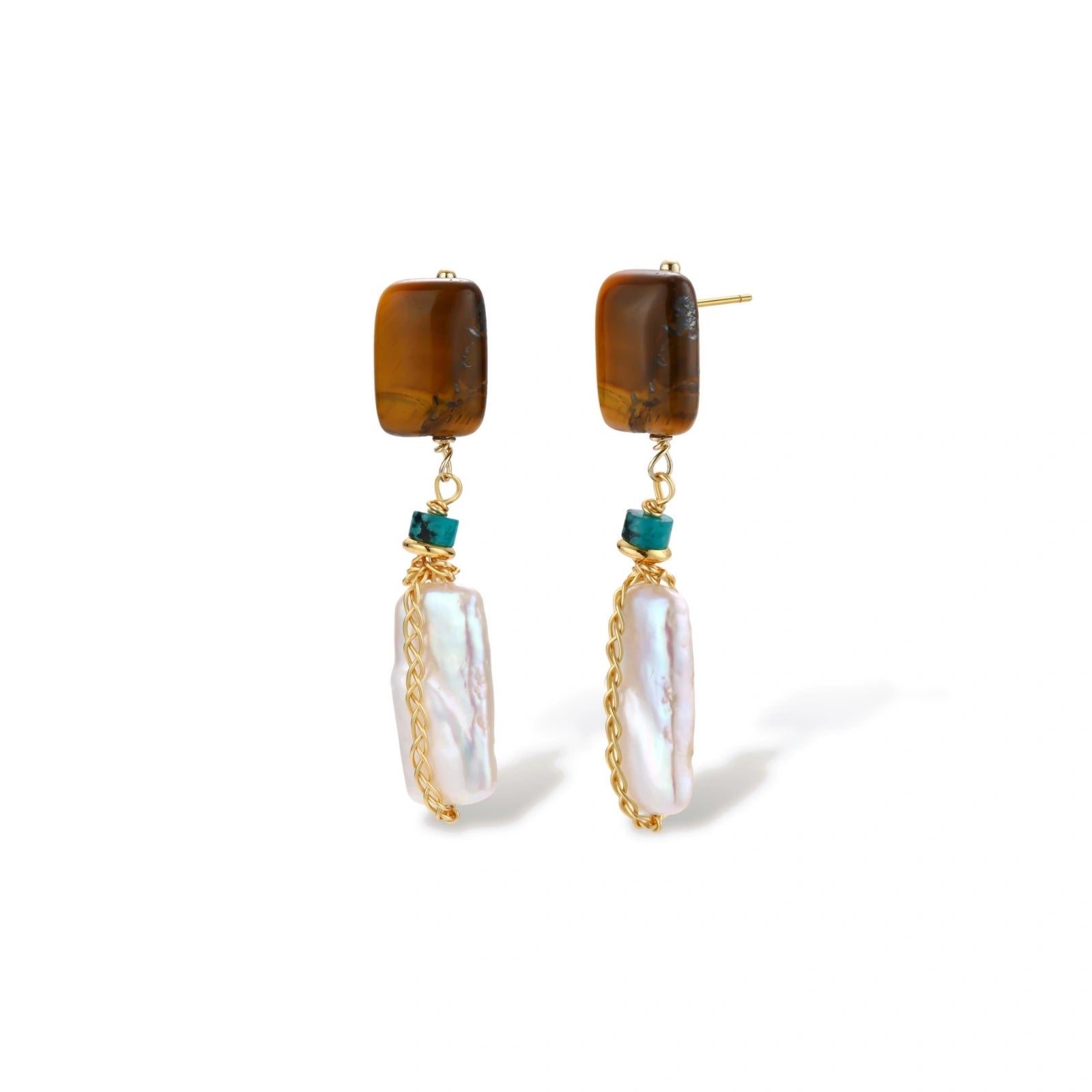 Gold-plated drop earrings with amber stones, teal beads, and wire-wrapped baroque pearls on cream background.