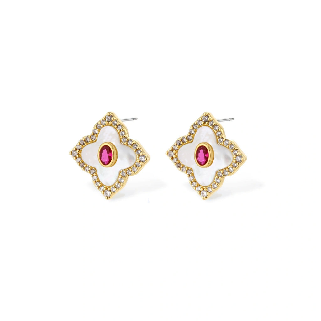 Gold-plated quatrefoil necklace and earring set with white enamel, pink cubic zirconia centers, and crystal borders