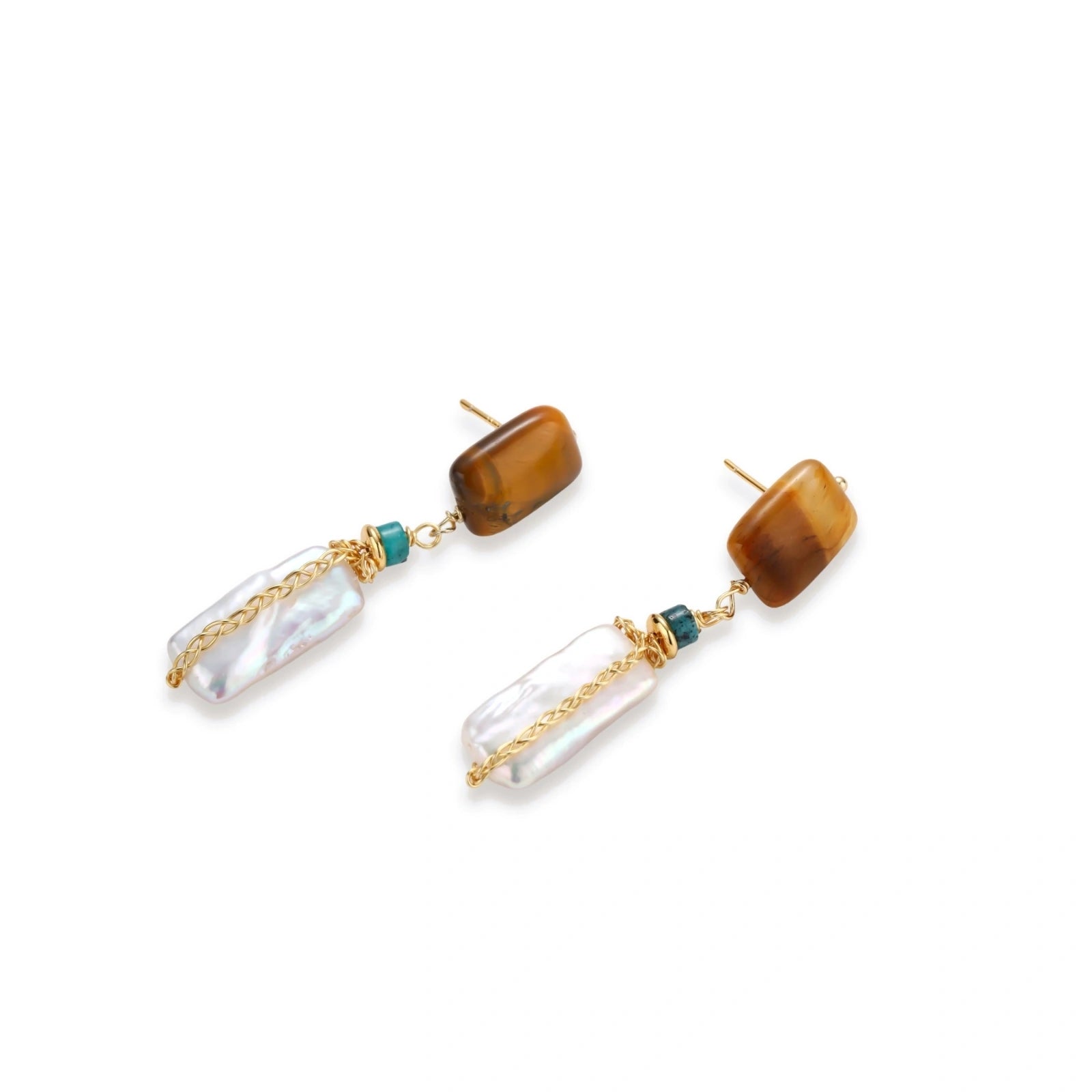 Gold-plated drop earrings with amber stones, teal beads, and wire-wrapped baroque pearls on cream background.